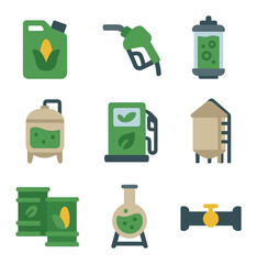 Biofuel Production Icons. Flat icon set of biofuel production: bioethanol container, biodiesel nozzle, algae