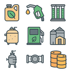 Biofuel Production Icons. Flat icon set of biofuel production: bioethanol container, biodiesel nozzle, algae
