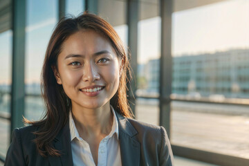 Fototapeta premium Face of Asian businesswoman in a business suit is smiling at the camera. She looks confident and professional. Concept of success and accomplishment