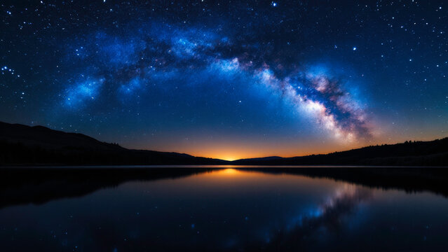 Serene still lake reflecting a breathtaking starry night sky and Milky Way galaxy