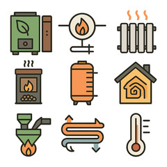 Biomass Heating Solutions. Flat icon set of biomass heating solutions: biomass boiler, central heating icon,