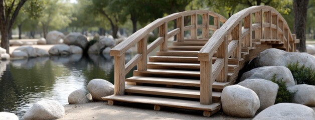 A detailed wooden bridge leads over a serene stream, framed by vibrant greenery and a cozy wooden house nearby, in a tranquil forest