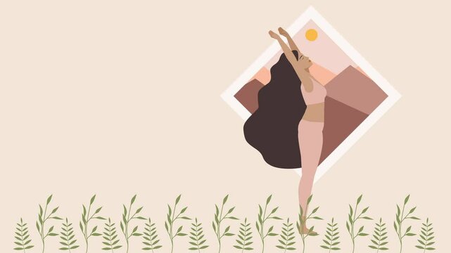 Warm and clean animated vector motion graphics horizontal 4k Yoga poster story with copy space