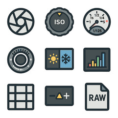 Obraz premium Camera Settings Icons. Flat icon set of camera settings for scenic shots: aperture icon, ISO setting dial,