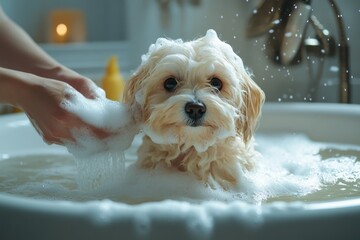 Fluffy Dog Getting a Bath Puppy in Suds Adorable Pet Wash Clean Canine