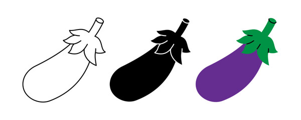 Eggplant icon set. Fresh organic vegetable symbol for kitchen, menu, food package design. Vector illustration