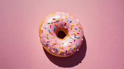 Delicious pink frosted donut with colorful sprinkles on a pink background - Powered by Adobe