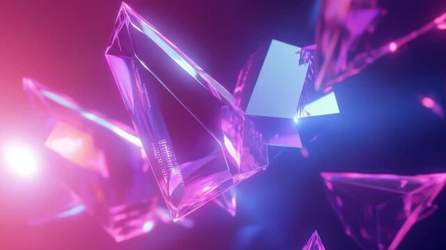 Abstract crystal shards floating in vibrant purple and blue digital space environment