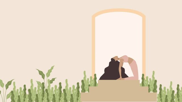 Warm and clean animated vector motion graphics horizontal 4k Yoga poster story with copy space