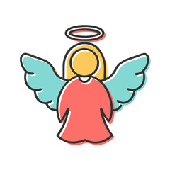 Fototapeta premium Cartoon angel illustration with halo, teal and red, religious holiday symbol