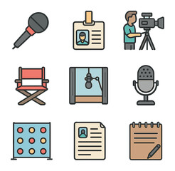 Celebrity Interview Icons. Flat icon set of celebrity interviews and media: microphone, press badge, camera