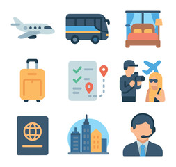 Celebrity Travel Icons. Flat icon set of celebrity travel and tours: private jet, tour bus, hotel suite,