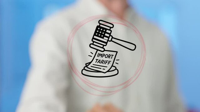 Professional businessman interacting with import tariff icon on advanced digital virtual interface, representing global trade regulation implementation and economic policy dynamics