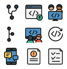 Code Collaboration Icons. Flat icon set of code collaboration tools: Git merge icon, code pull request, team