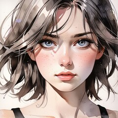 striking watercolor portrait with grays and colors