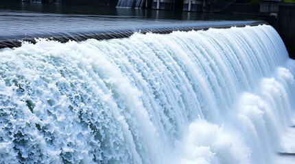 A close-up view of a hydroelectric dam with water flowing over its edge.