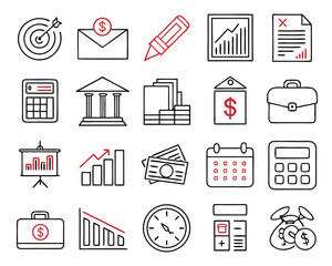Business & Finance Line Icon Set – Money, Charts, Documents & Office Symbols