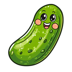 A cute kawaii cartoon pickle with a happy smiling face, a cheerful and funny vegetable character for a kids' sticker