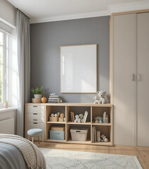 Fototapeta premium Contemporary kids’ room with modular furniture and an A4 mockup above the toy shelf.