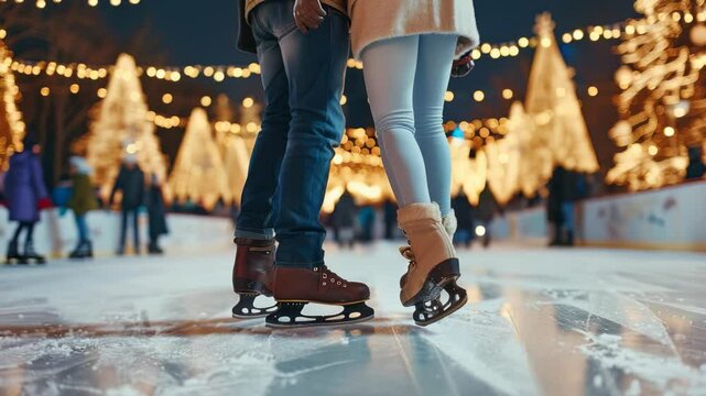 Close up of couple skating in an outdoor skating rink during the holiday season. Decorated trees and a festive atmosphere surround them.