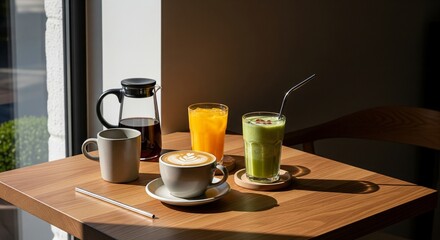Variety of Healthy Drinks on Wooden Cafe Table with Sunlight