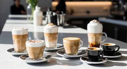 Assortment of Gourmet Coffee and Latte Drinks on Bar Counter