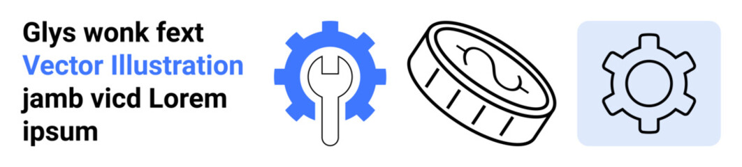 Gear with wrench, currency coin, and gear icon in flat style. Ideal for engineering, finance, maintenance, industry workflow, mechanical systems, money management simple landing page