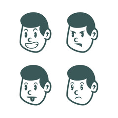 Vector illustration of a boy's face showing 4 emotional expressions: scared, angry, sad, and doubtful. Cute cartoon style, ideal for icons, stickers, or educational materials