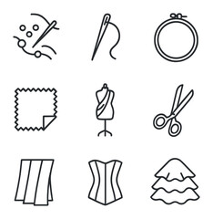 Fototapeta premium Haute Couture Icons. Outline icon set of haute couture details: hand-sewn bead, couture needle, embroidery hoop, fabric swatch,