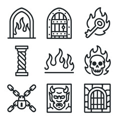Obraz premium Hellish Gateway Icons Set. Outline icon set of hellish gateways: archway, iron door, burning key, twisted pillar, threshold line,