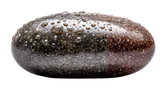 A smooth river stone with glistening wet surface, fine mineral speckles, soft reflections, isolated on white background