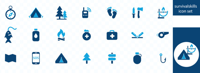 Survival Skills icon set. hunting, cooking, planning, first aid, fishing, farming, fire, swimming, problem solving and natural medicine icons.
