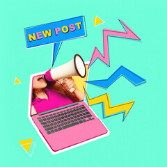 Digital shout. Woman in pink top yells new post through megaphone bursting from laptop with bright...