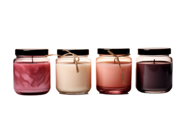 Scented Candles: Four Luxury Jar Candles in Pink, Beige, Peach, and Purple isolated on transparent background png