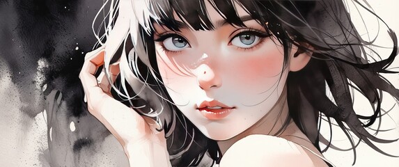 striking watercolor portrait with grays and colors