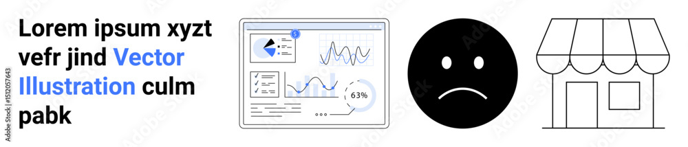Poster analytics dashboard with falling graphs, frowning face, small store building. ideal for business cha