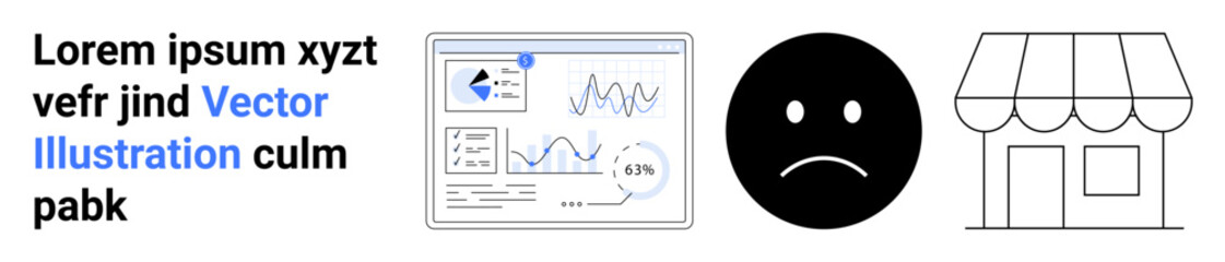 Analytics dashboard with falling graphs, frowning face, small store building. Ideal for business challenges, analytics, retail analysis, downturns, decision-making, financial loss simple landing