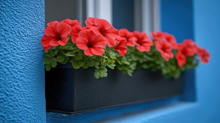 Vibrant red flowers in a window box against a vibrant blue wall.