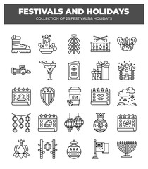 Collection of 25 Festivals and Holidays. Line Art Icons