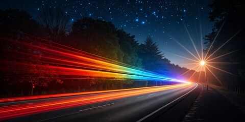 Obraz premium Night Road Streaks Starry Sky, Colorful Light Trails, Speed , motion blur