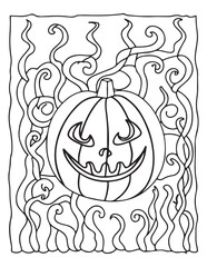 Halloween Pumpkin Coloring Page: An intricate black and white Halloween coloring page featuring a spooky smiling pumpkin surrounded by swirling design elements.