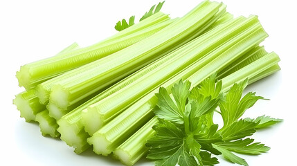 Fresh Celery Stalks And Parsley On White Background