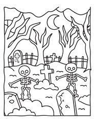 Spooky Graveyard Illustration: A detailed black-and-white illustration depicts a chilling graveyard scene with skeletons, tombstones, and a foreboding night sky, perfect for Halloween-themed projects.