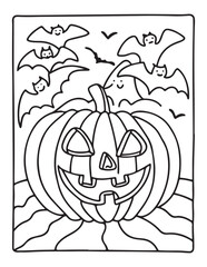 Spooky Halloween Illustration: A whimsical cartoon illustration features a carved pumpkin surrounded by smiling bats, creating a festive and lighthearted Halloween theme, ready for coloring.
