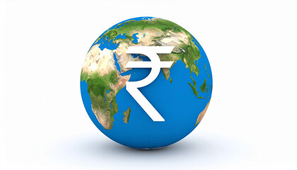 Naklejka premium Indian rupee symbol; placed over and near globe; globe connecting dots; money transfer