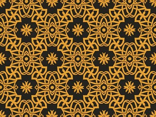 Golden Islamic seamless pattern with floral and geometric symmetry