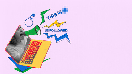 Online rage. Angry person screams UNFOLLOWED with explosion signs and digital bomb flying out of...