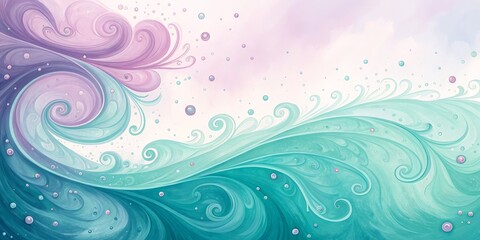 Naklejka premium Pastel Swirls Turquoise and Lavender Abstract with Bubbles, Watercolor ,Fluid Art