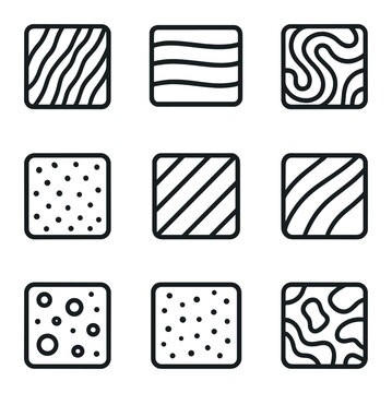 Metamorphic Rock Icons. Outline icon set of metamorphic rock textures: schist banding, gneiss stripe, marble swirl, quartzite