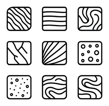 Metamorphic Rock Icons. Outline icon set of metamorphic rock textures: schist banding, gneiss stripe, marble swirl, quartzite